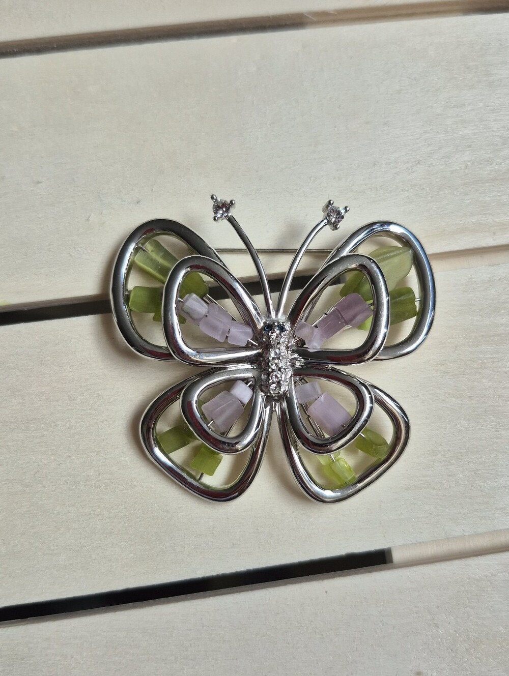 Silver-tone Butterfly Brooch with Light Green and Lavender Beads